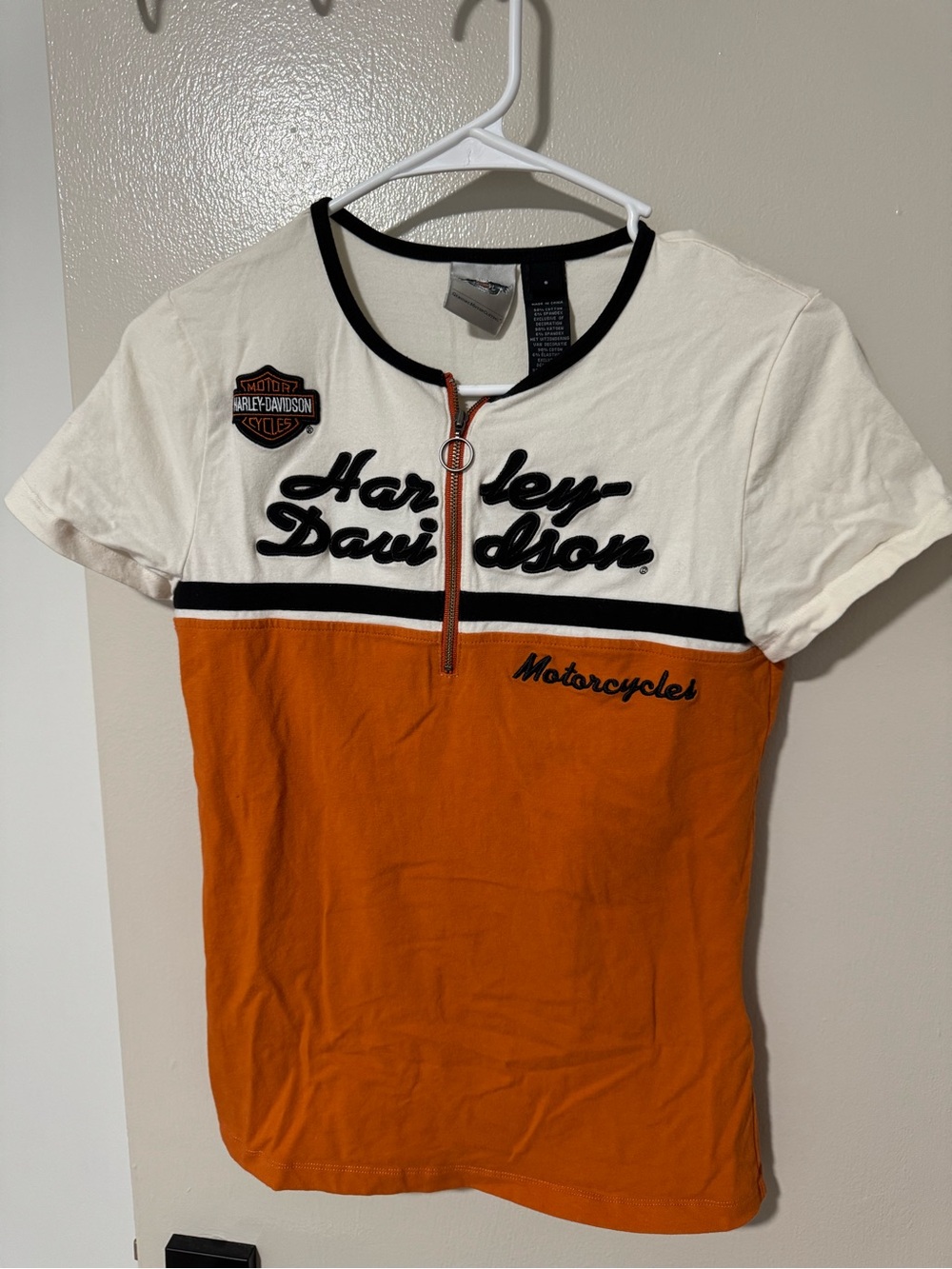 Harley-Davidson Orange, White & Black Zip-Front Short Sleeve Tee- Small
